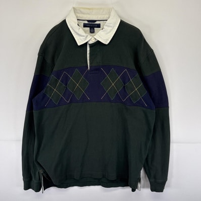 古着 トミーヒルフィガー TOMMY HILFIGER 長袖 ラガーシャツ アーガイル柄 袖ワンポイント ポロシャツ ハーフボタン L グリーン メンズ