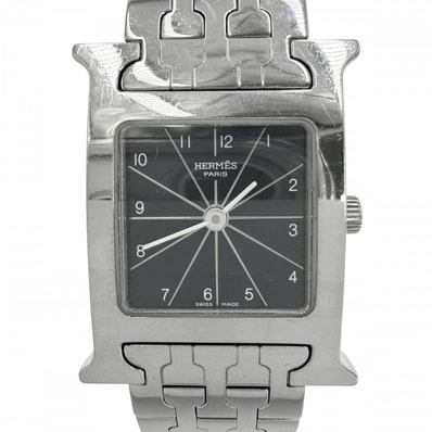 HERMES エルメス 腕時計 Hウォッチ QZ 黒文字盤 H WATCH 電池式 SS HH1.210 クオーツ ステンレススチール シルバー ブラック 黒 レディース【中古品】