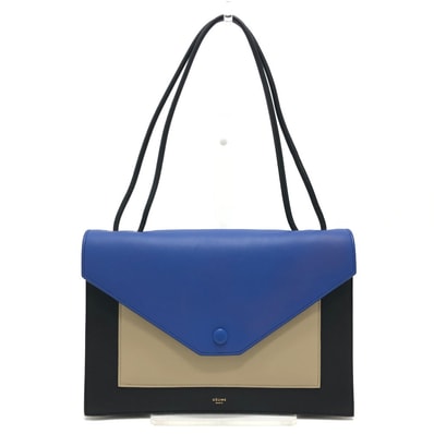 セリーヌ CELINE ポケットミディアムクラッチ 2015年春夏 トリコロール 2way 肩掛け ショルダーバッグ クラッチバッグ レザー ブルー ブラック 新品同様