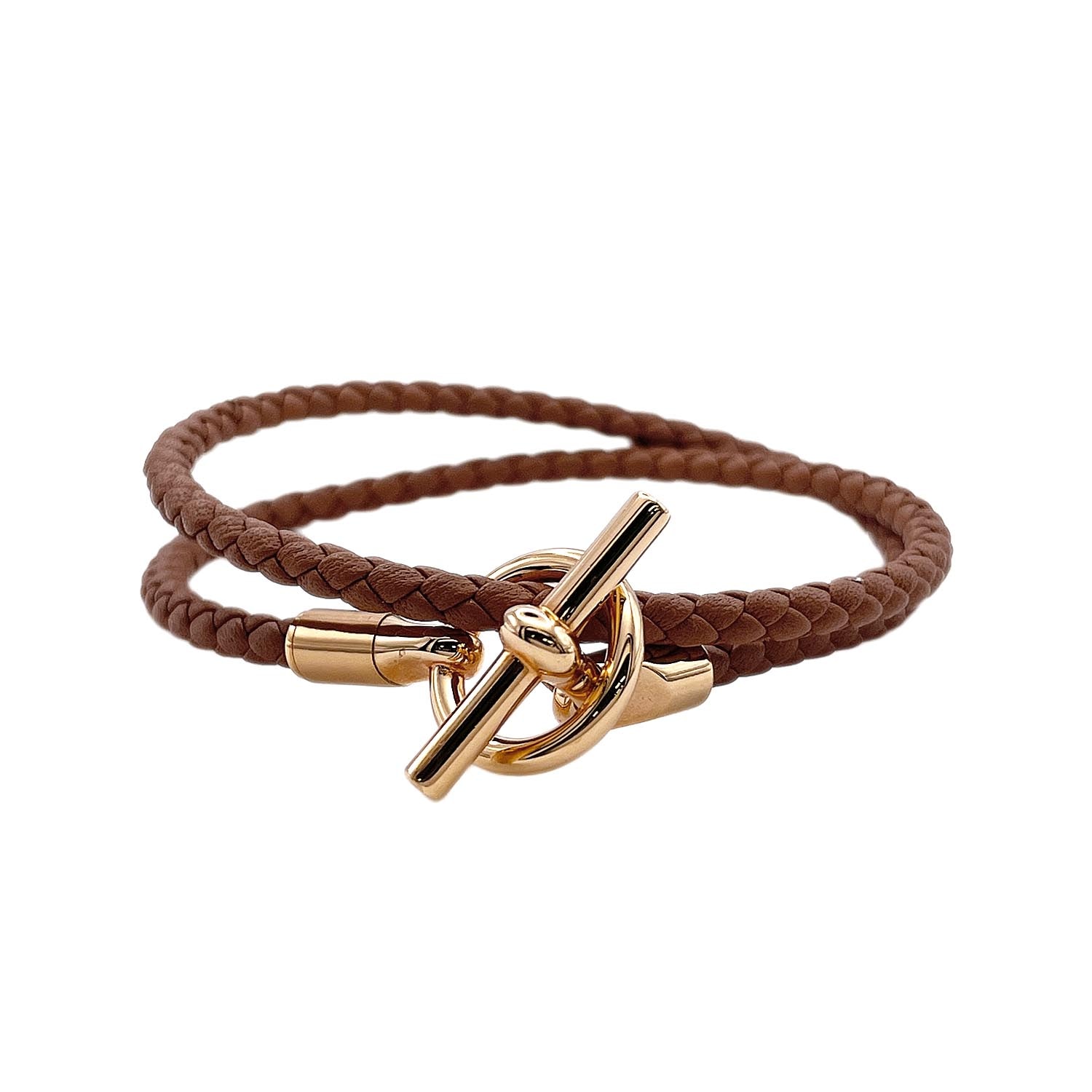 HERMES エルメス グレナン ドゥブルトゥール ブレスレット
 2連 編み込み ゴールデンローズ レザー ブラウン レディース
 【中古】