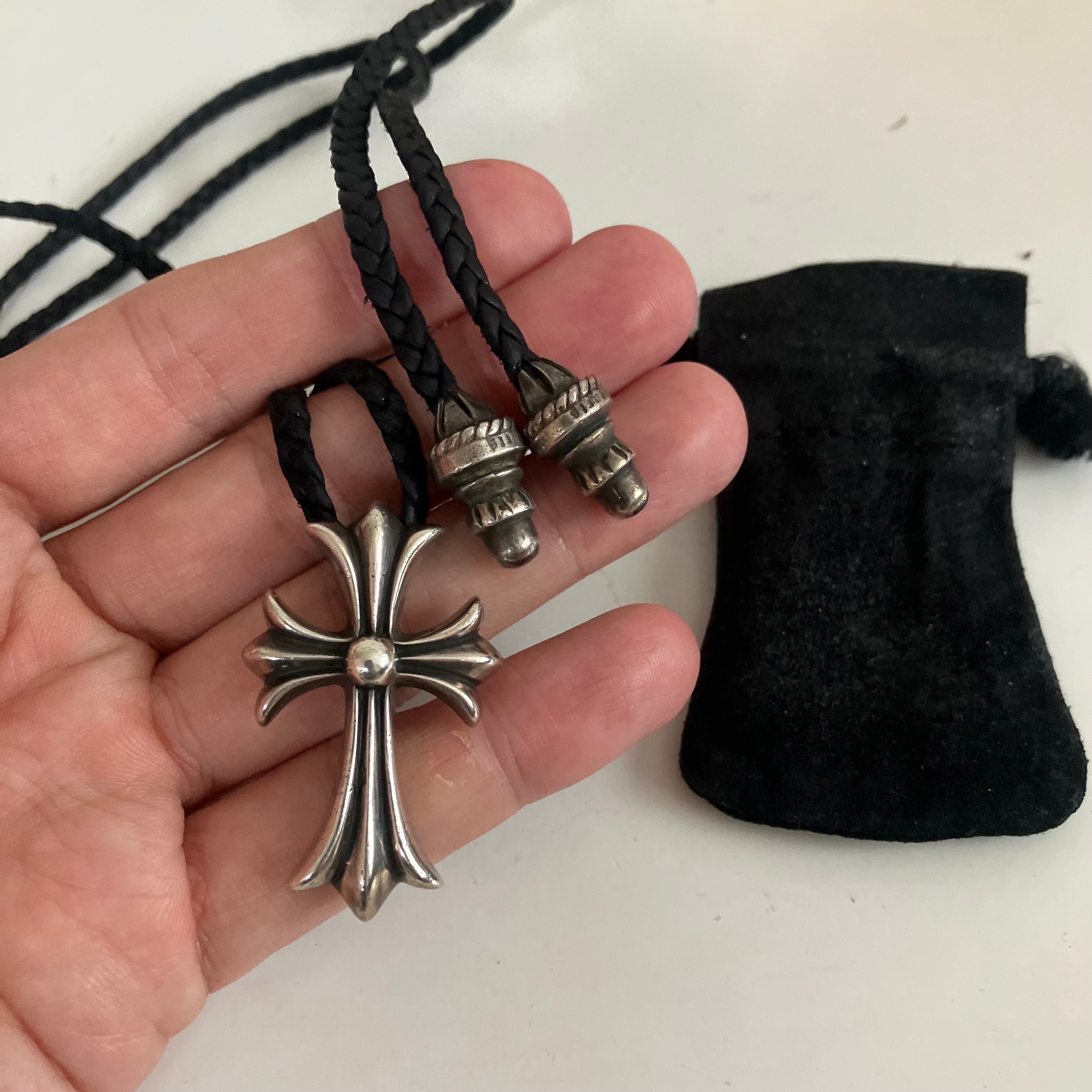 Chrome Hearts Small CH Cross Leather Braid Necklace "Silver"