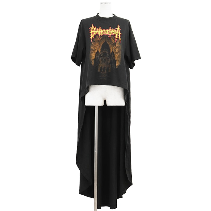 【美品】BALENCIAGA バレンシアガ トレインTシャツ サイズ XS レディース 2025年モデル ロゴ プリント ダメージ加工 アシンメトリー ショートスリーブ 半袖 トップス ブラック 黒 ポルトガル製