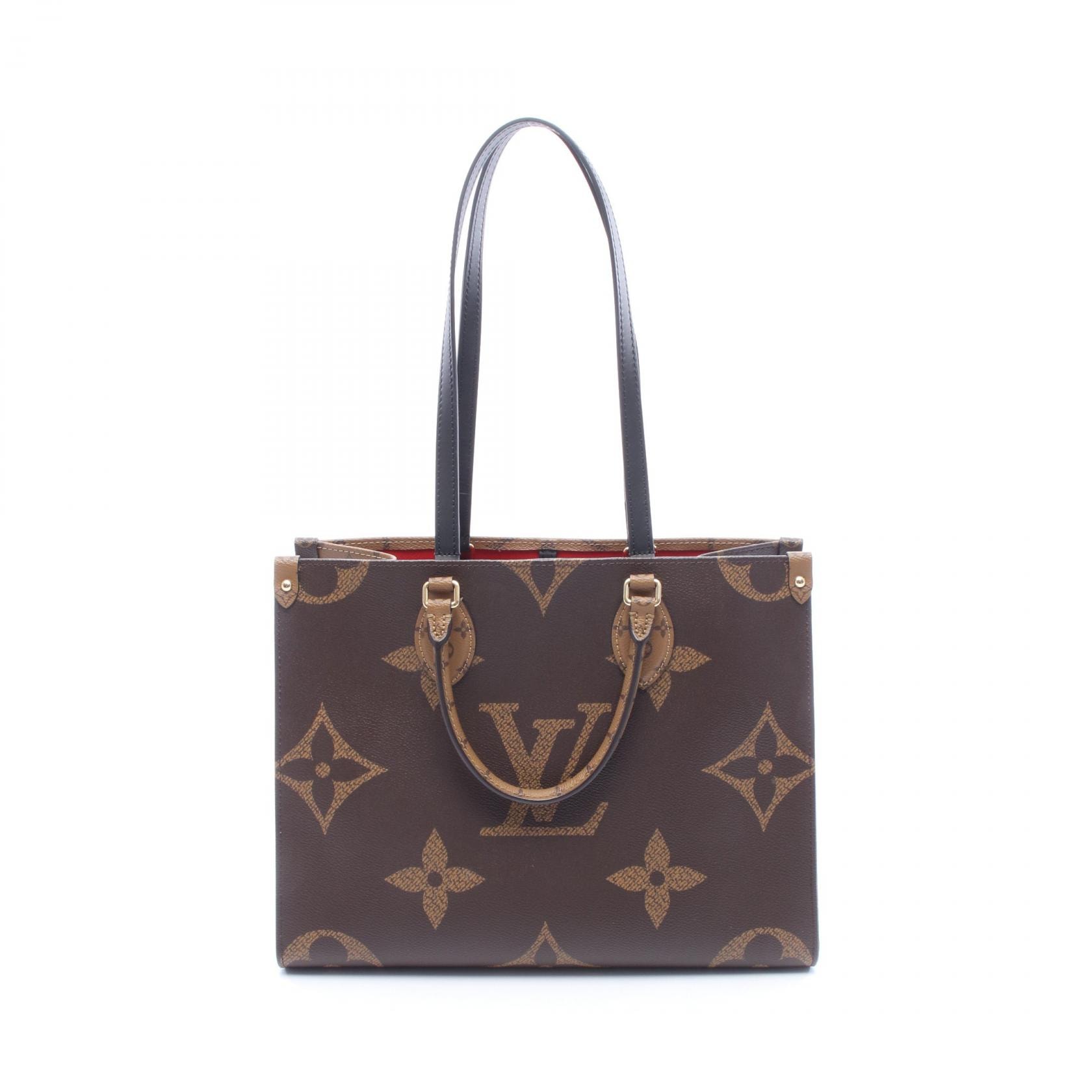 ルイ・ヴィトン LOUIS VUITTON オンザゴーMM トートバッグ バッグ PVCコーティングキャンバス レザー モノグラム・ジャイアントリバース ベージュ レディース ブラウン系 / ベージュ系 M45321 【中古】