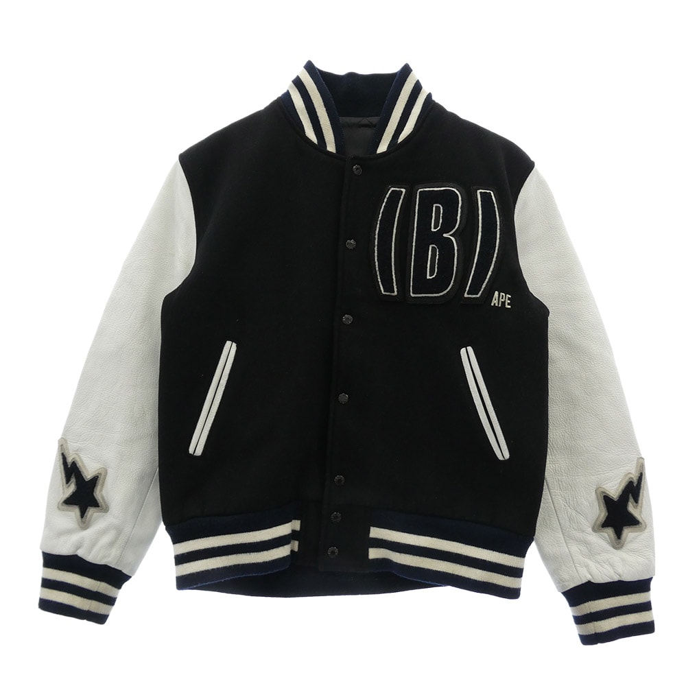 A BATHING APE アベイシングエイプ スタジャン Cowhide Varsity jacket 牛革 袖 レザー BAPSTA  B ワッペン スタジャン バーシティジャケット ブラック ブラック系 L【中古】