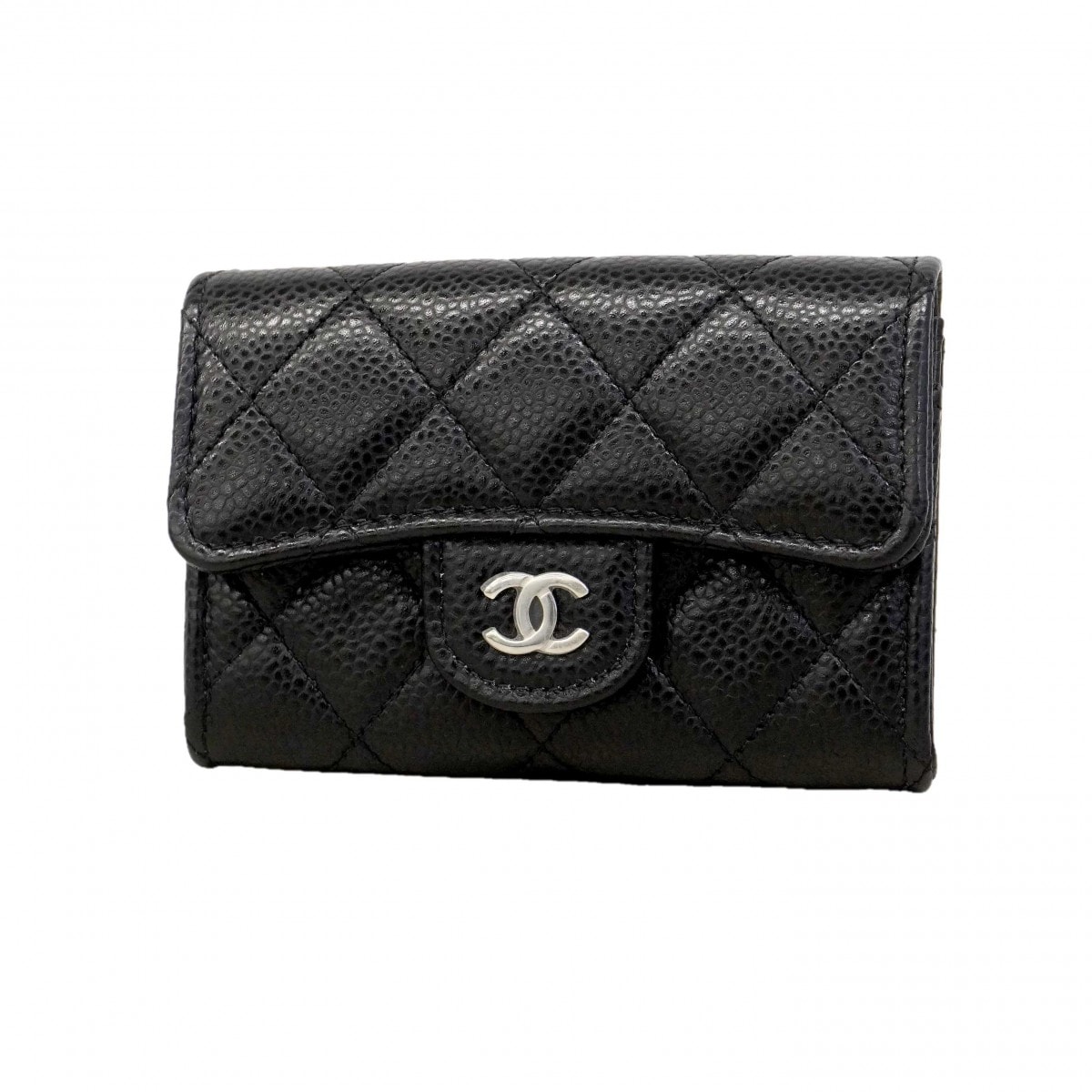 【6de5677-k】シャネル 名刺入れ マトラッセ キャビアスキン ブラック シルバー金具【中古】レディース