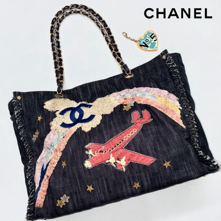 CHANEL シャネル 夜間飛行 ナイトフライト チェーン トートバッグ デニム ゴールド金具 チャーム付 10番台 ★希少★ ★美品★