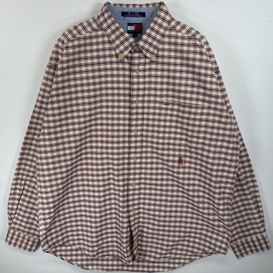 古着 90's/90年代 トミーヒルフィガー TOMMY HILFIGER 長袖シャツ ボタンダウンシャツ ワンポイント ロゴ 刺繍 厚手 ホワイト系 チェック メンズ