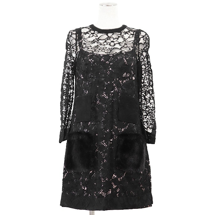 【極美品】LOUIS VUITTON ルイ・ヴィトン ワンピース 花柄 レース ラムスキン ヌバック ミンクファーポケット インナーキャミソールドレス パイソン x フラワー ドレス レディース サイズ 38 ブラック ピンク 黒 桃 フランス製