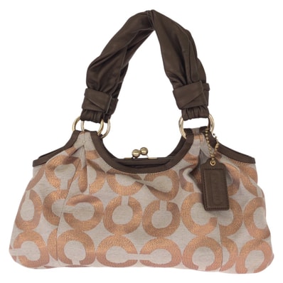 美品 COACH コーチ オプアート ピンク ブラウン ゴールド金具 キャンバス レザー/ ハンドバッグ トートバッグ 603491 【中古】