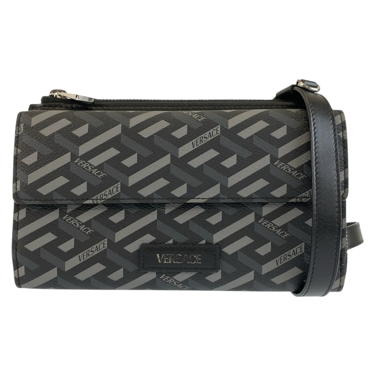 美品 VERSACE ヴェルサーチ ラグレカ ブラック 黒 シルバー金具 PVC ショルダーバッグ ウェアラブルウォレット 604102 【中古】