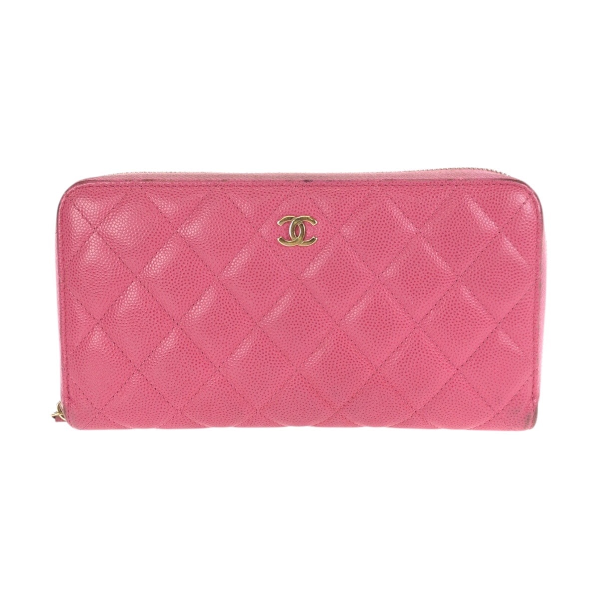 美品 CHANEL シャネル マトラッセ ココマーク ピンク ゴールド金具 キャビアスキン 長財布 ラウンドファスナー 602472 【中古】