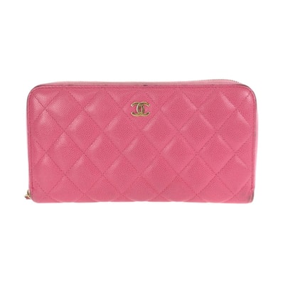 美品 CHANEL シャネル マトラッセ ココマーク ピンク ゴールド金具 キャビアスキン 長財布 ラウンドファスナー 602472 【中古】