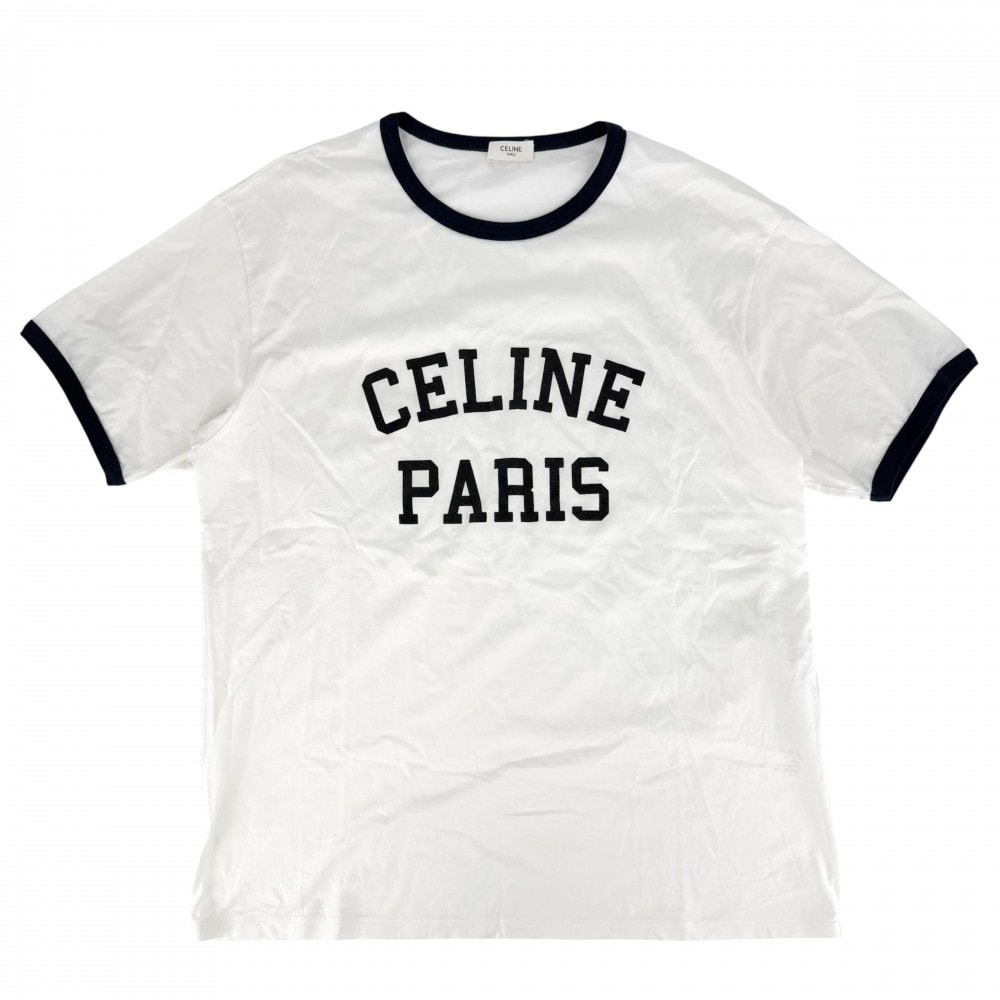 CELINE セリーヌ 半袖Tシャツ ロゴプリント トップス カットソー クルーネック アパレル 服 L 2X45M671Q ホワイト 白 ブラック 黒 コットン    メンズ 春 夏 美品【中古品】