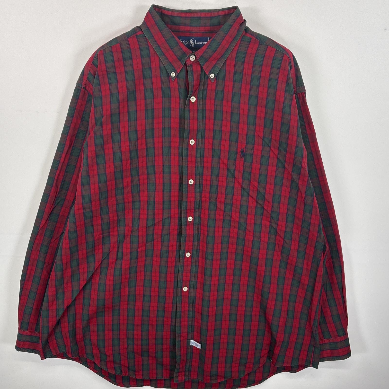 古着 ラルフローレン RALPH LAUREN 長袖シャツ ワンポイント ロゴ 刺繍 ボタンダウンシャツ 17 1/2-36 XL-2XL  レッド系 チェック メンズ