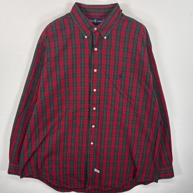 古着 ラルフローレン RALPH LAUREN 長袖シャツ ワンポイント ロゴ 刺繍 ボタンダウンシャツ 17 1/2-36 XL-2XL レッド系 チェック メンズ