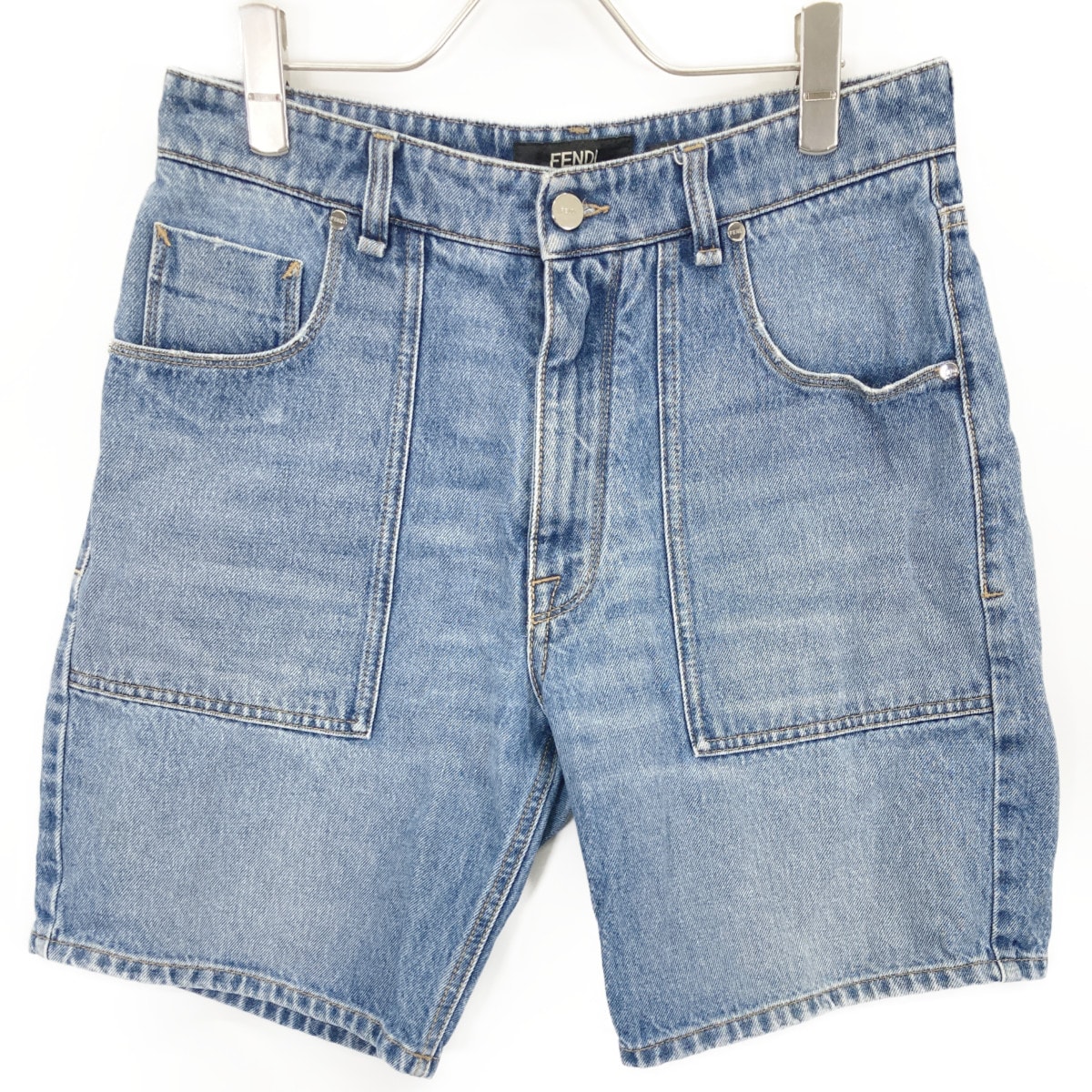 フェンディ 24年製 FLP358 AS02 ブルー コットン FFメタルプレート ジップフライデニムハーフパンツ 32×34