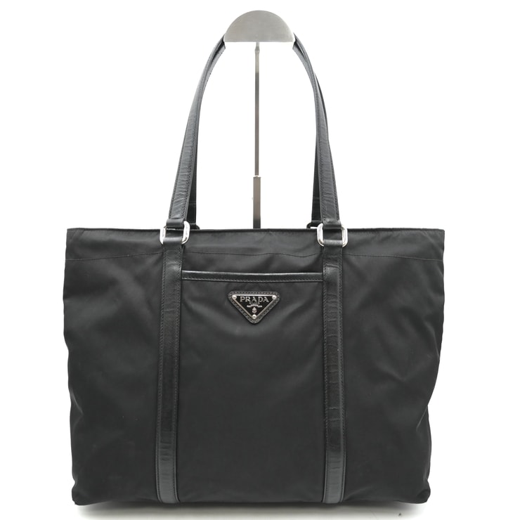 PRADA(プラダ)BR2311 トートバッグ 三角ロゴプレート ナイロン レザー ブラック シルバー金具 肩掛け レディース【中古】