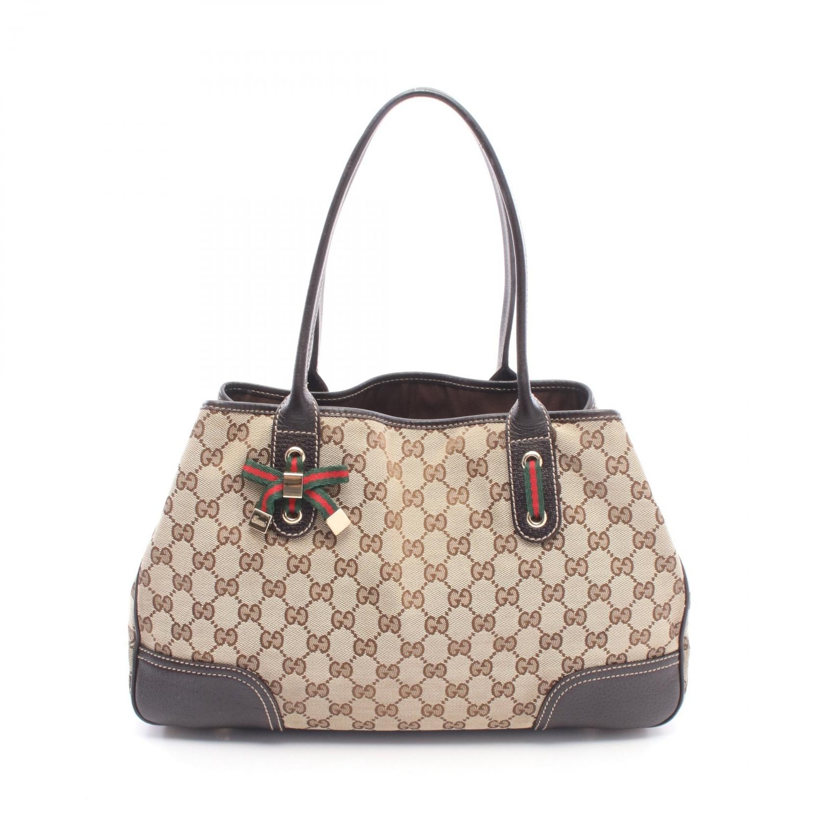 グッチ GUCCI プリンシー シェリーライン トートバッグ バッグ キャンバス レザー レディース ベージュ系 / ブラウン系 163805 【中古】