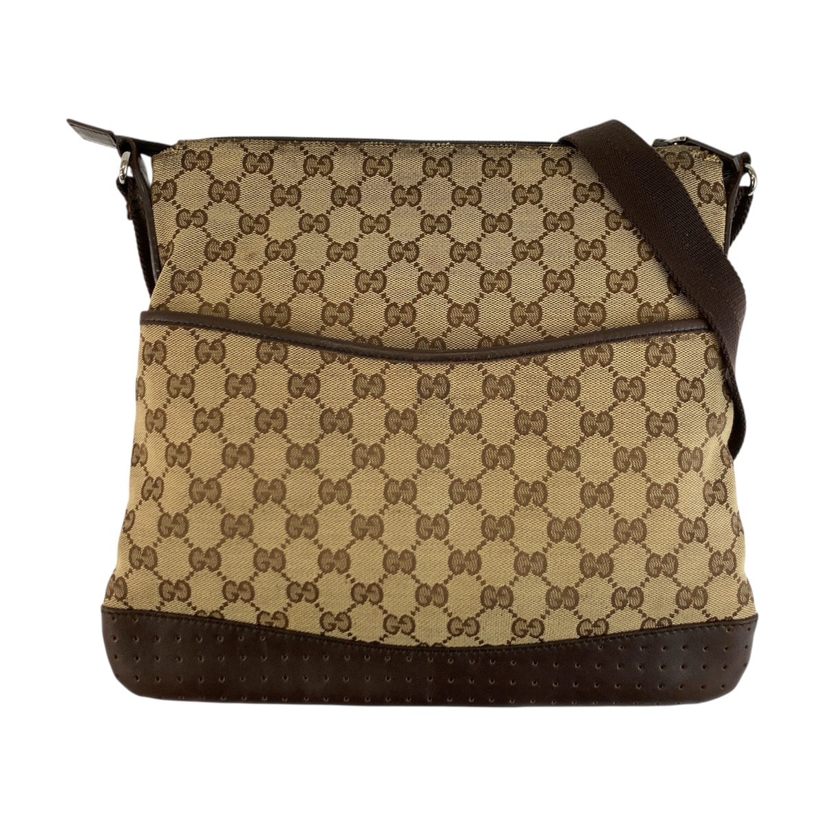 GUCCI グッチ ベージュ ブラウン シルバー金具 GGキャンバス レザー/ ショルダーバッグ ポシェット 604302 【中古】
