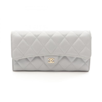 シャネル CHANEL クラシック ロング フラップ ウォレット マトラッセ 二つ折り長財布 財布 キャビアスキン(グレインドカーフ) レディース グレー系 【中古】