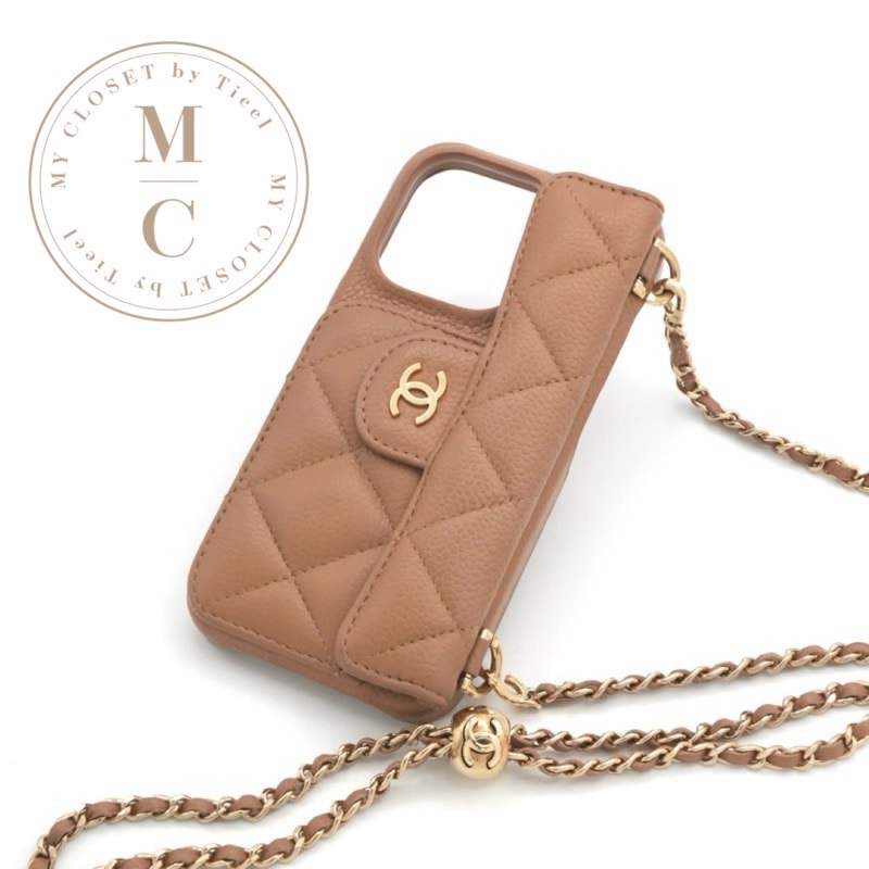 シャネル CHANEL 携帯・スマホアクセサリー ベージュ ゴールド ココマーク マトラッセ iPhone14pro iPhoneケース スマホケース チェーン