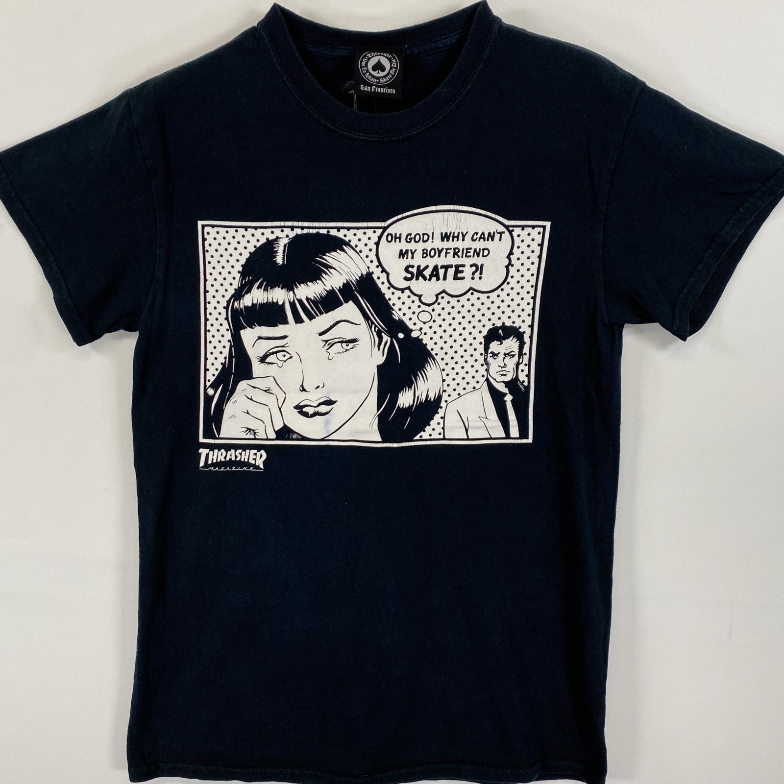 古着 スラッシャー THRASHER 半袖Tシャツ ラバープリント ブランドロゴ アメコミ風  ブラック メンズ