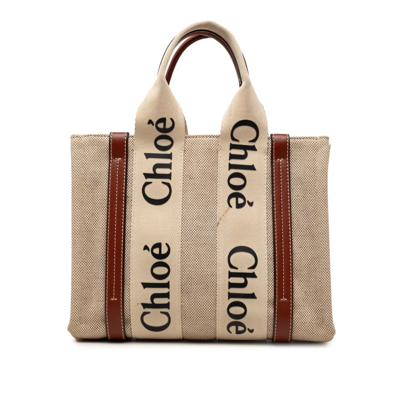 クロエ ウッディ スモール トートバッグ ハンドバッグ 02217565 ベージュ ブラウン キャンバス レザー レディース Chloe 【中古】