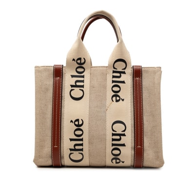 クロエ ウッディ スモール トートバッグ ハンドバッグ 02217565 ベージュ ブラウン キャンバス レザー レディース Chloe 【中古】