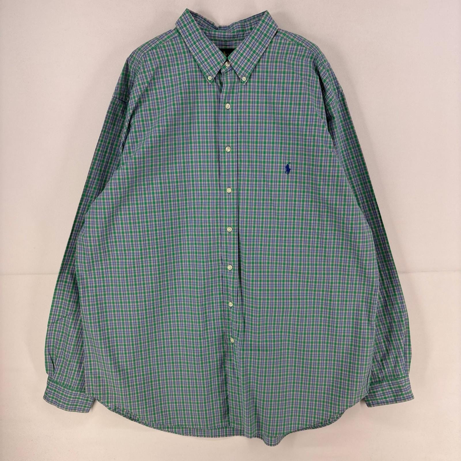 古着 ラルフローレン RALPH LAUREN 長袖シャツ ワンポイント ロゴ ボタンダウン 大きいサイズ 2XL  グリーン系 チェック メンズ