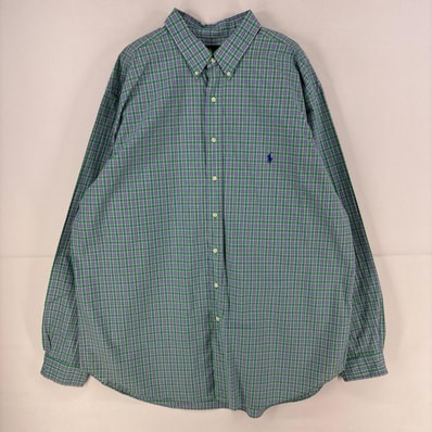 古着 ラルフローレン RALPH LAUREN 長袖シャツ ワンポイント ロゴ ボタンダウン 大きいサイズ 2XL グリーン系 チェック メンズ