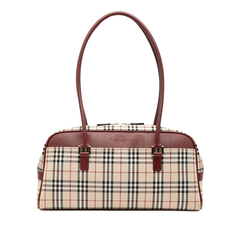 バーバリー ノバチェック ハンドバッグ ベージュ ボルドー キャンバス レザー レディース BURBERRY 中古