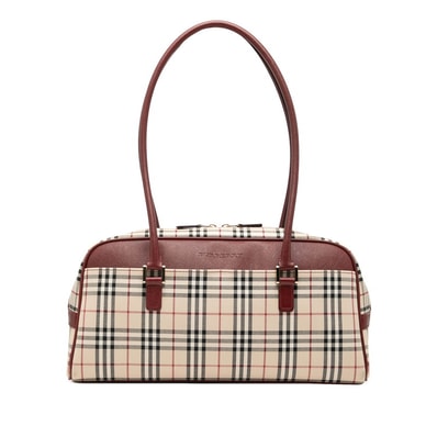 バーバリー ノバチェック ハンドバッグ ベージュ ボルドー キャンバス レザー レディース BURBERRY 中古