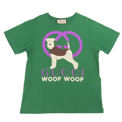 グッチ WOOF WOOF ドッグプリント コットン Tシャツ トップス レディース グリーン S S