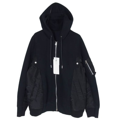 Sacai サカイ パーカー SCM-324 Sponge Sweat x Nylon Twill Hoodie 再構築 MA-1ドッキング スポンジスウェット ジップパーカー ブラック系 2【中古】