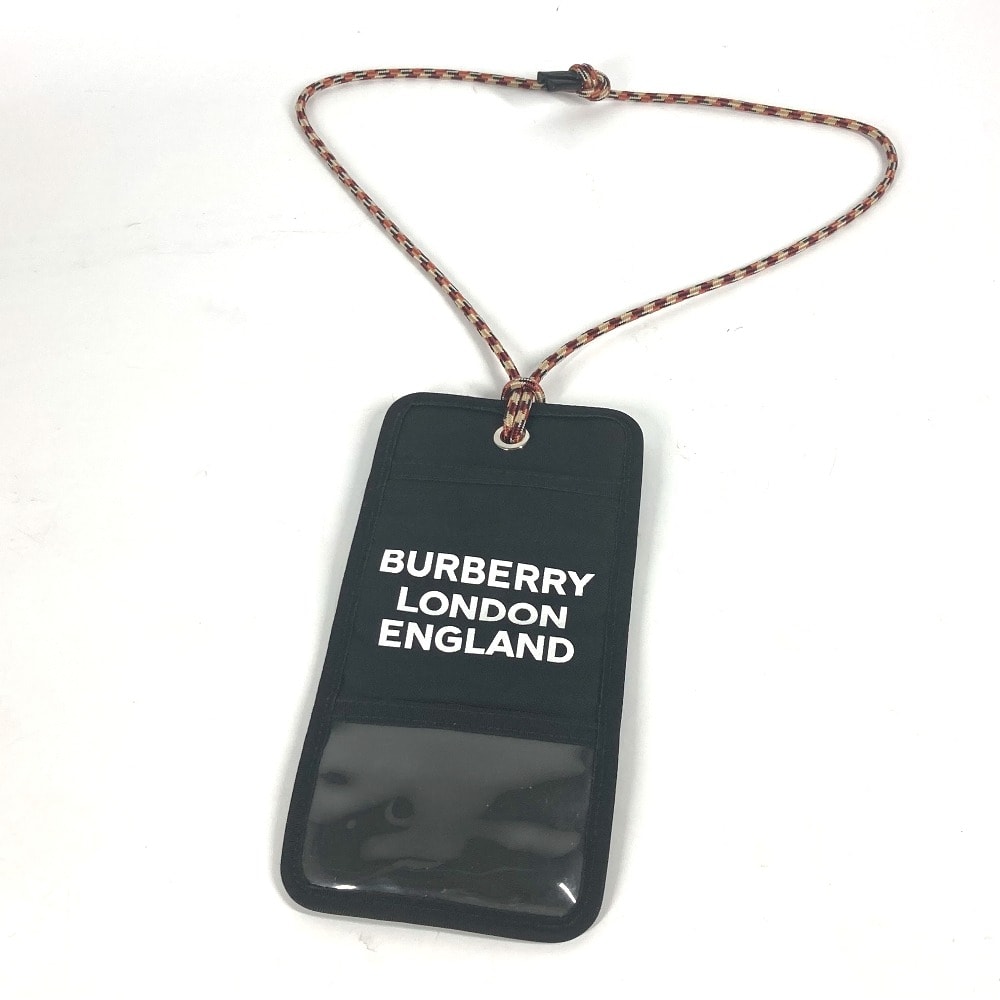 バーバリー BURBERRY ロゴ ネックストラップ付き カードケース パスケース ポーチ ナイロン ブラック 美品