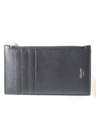 CELINE Zipped Compact Card Holder In Grained Calfskin "Navy Blue"