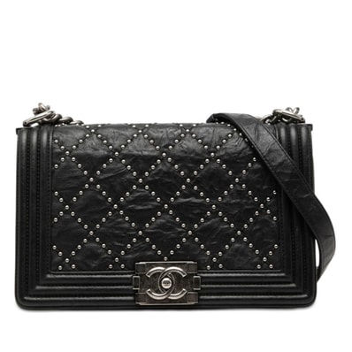 シャネル ココマーク スタッズ ボーイシャネル チェーン ショルダーバッグ ブラック カーフ レディース CHANEL 【中古】