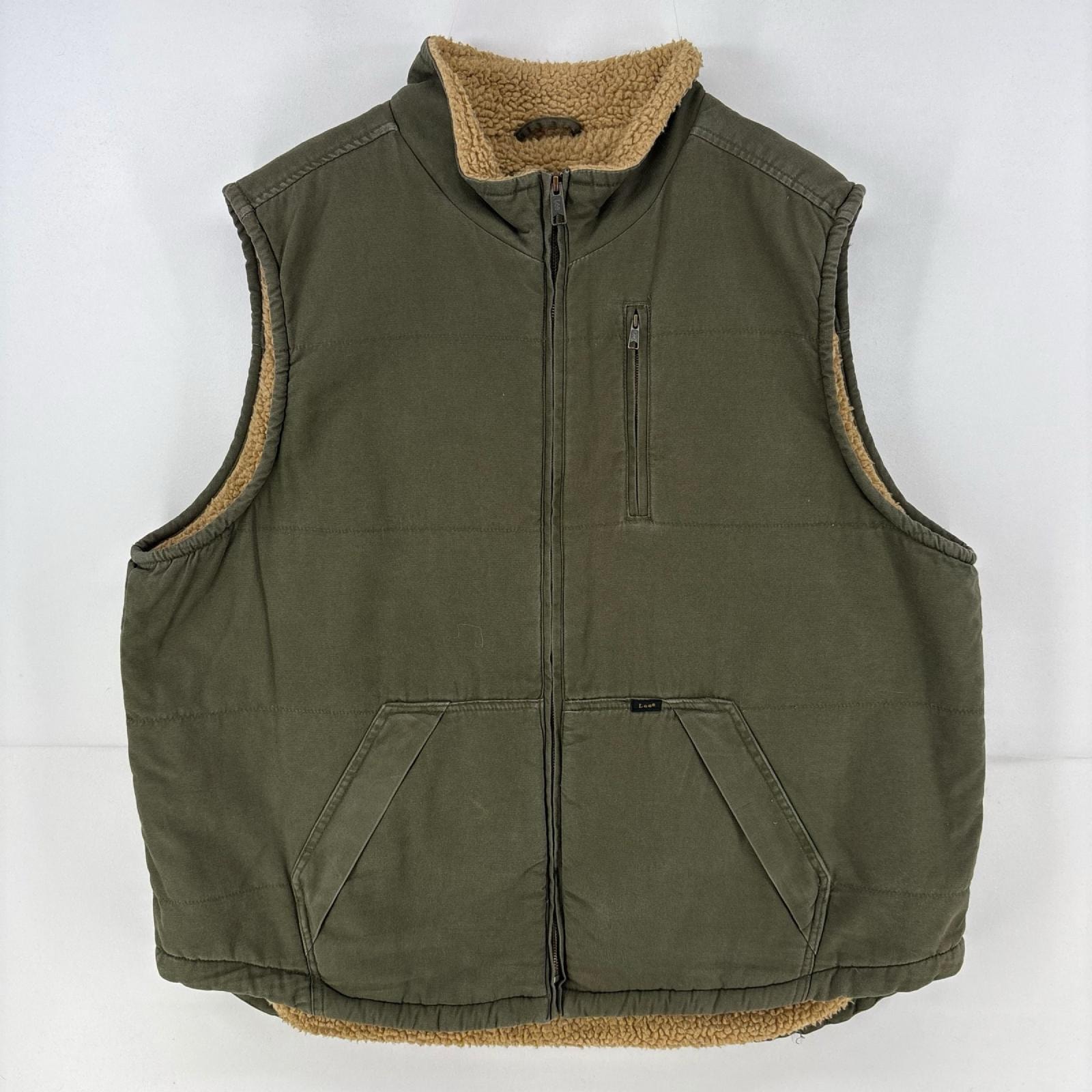 古着 リー Lee ベスト ボアライナー ワンポイント 胸ポケット ダック フルジップ 大きいサイズ 2XL グリーン系 メンズ
