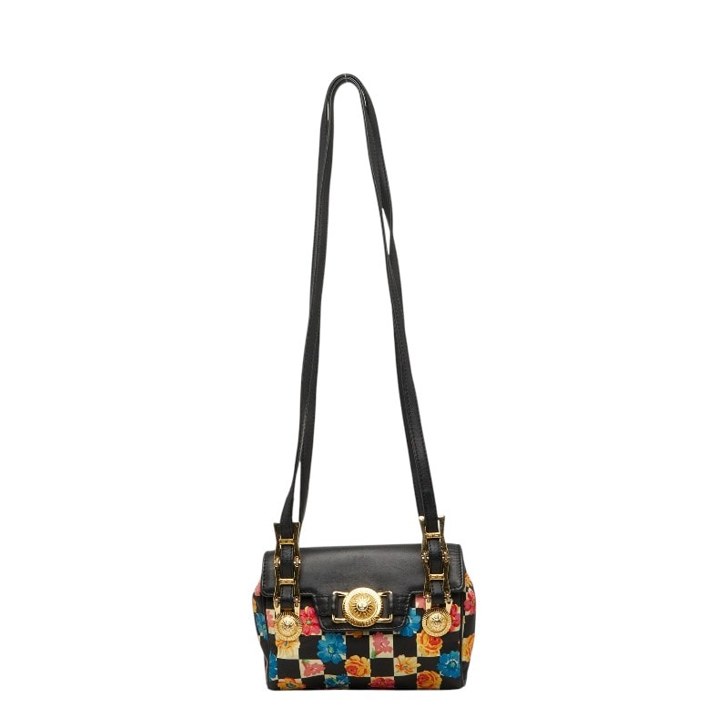 ヴェルサーチェ フラワー フローラル 斜めかけ ショルダーバッグ  ブラック マルチカラー ナイロン レザー レディース VERSACE 【中古】