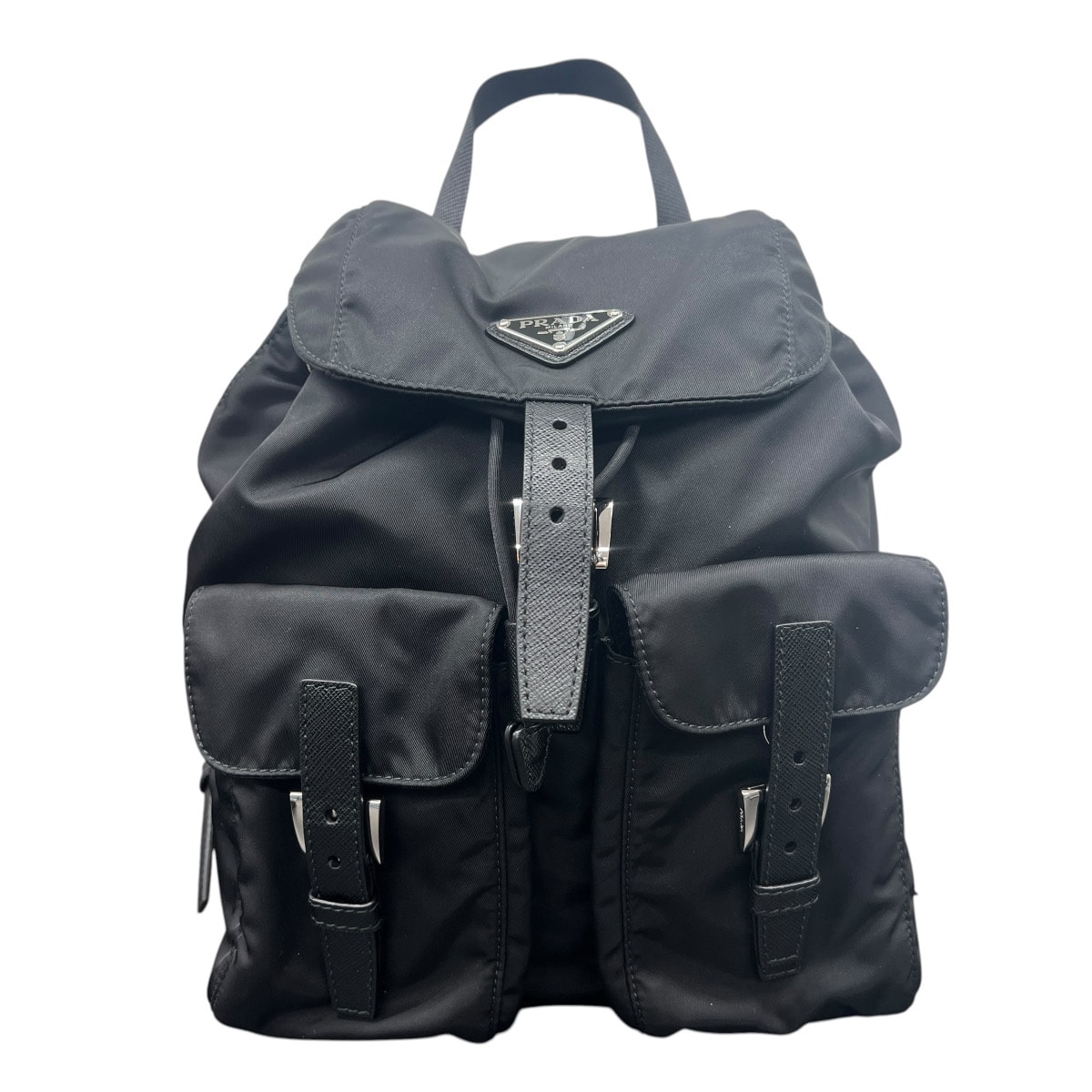 PRADA 展示品級 プラダ スモール バックパック Re-Nylon リュック 1BZ677 RFID確認済 ナイロン レザー ブラック トライアングルロゴ 三角プレート ロゴプレート ナップザック リナイロン SAランク 鑑定済 中古