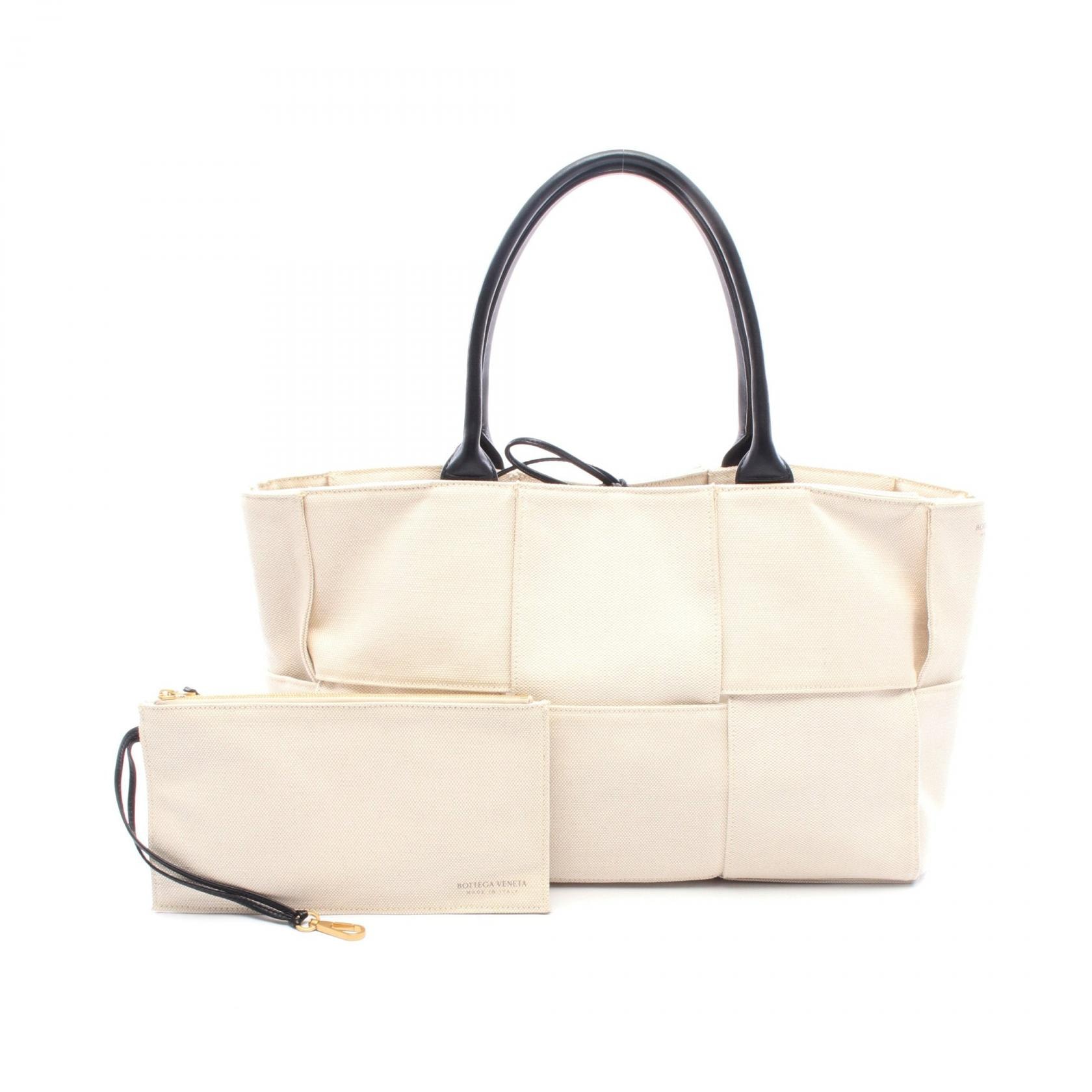 ボッテガヴェネタ BOTTEGA VENETA アルコ ミディアム マキシイントレチャート トートバッグ バッグ キャンバス レザー レディース アイボリー系 / ブラック系 【中古】