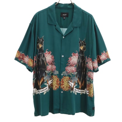 HUF ハフ ドーベルマン 半袖 アロハシャツ M グリーン 犬