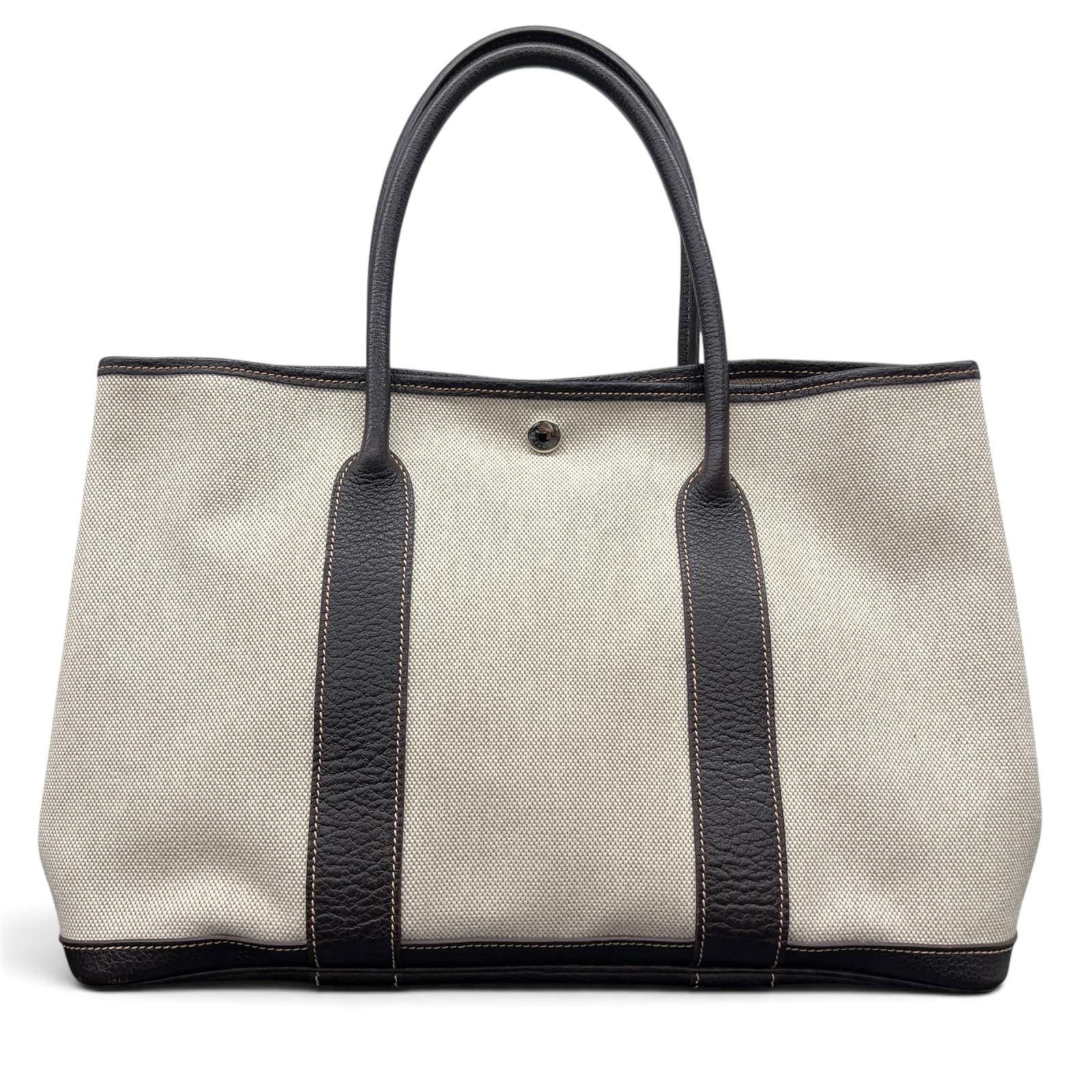 HERMES 美品 エルメス ガーデンパーティPM トートバッグ □I刻印 2005年製造 トワルアッシュ キャンバス レザー ベージュ ダークブラウン ハンドバッグ レディース メンズ ユニセックス ABランク 中古 鑑定済 エルメスバッグ