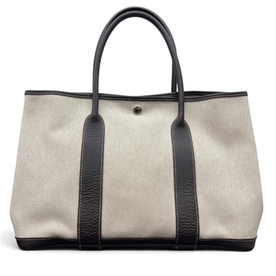 HERMES 美品 エルメス ガーデンパーティPM トートバッグ □I刻印 2005年製造 トワルアッシュ キャンバス レザー ベージュ ダークブラウン ハンドバッグ レディース メンズ ユニセックス ABランク 中古 鑑定済 エルメスバッグ