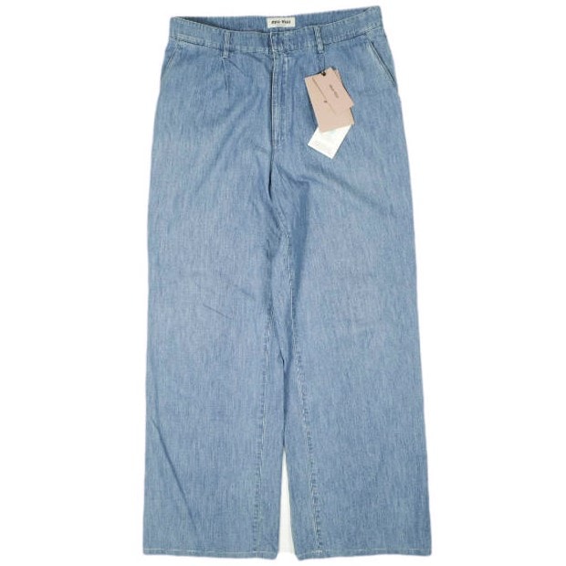 MIU MIU ミュウミュウ イタリア製 Chambray Denim Pants ロゴ刺繍シャンブレーデニムパンツ GWP471 S232 1294 44 Classic Blue ジップフライ ワイド ジーンズ ボトムス g26616