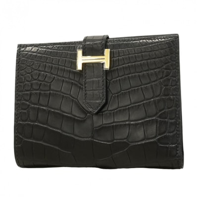 ★SALE【6eb1666】エルメス 財布 ベアンコンパクト アリゲーターマット ブラック ゴールド金具 B刻印【中古】レディース