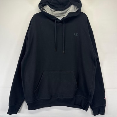 古着 チャンピオン Champion パーカー プルオーバー ワンポイントロゴ 刺繍 スウェット XL ブラック系 メンズ