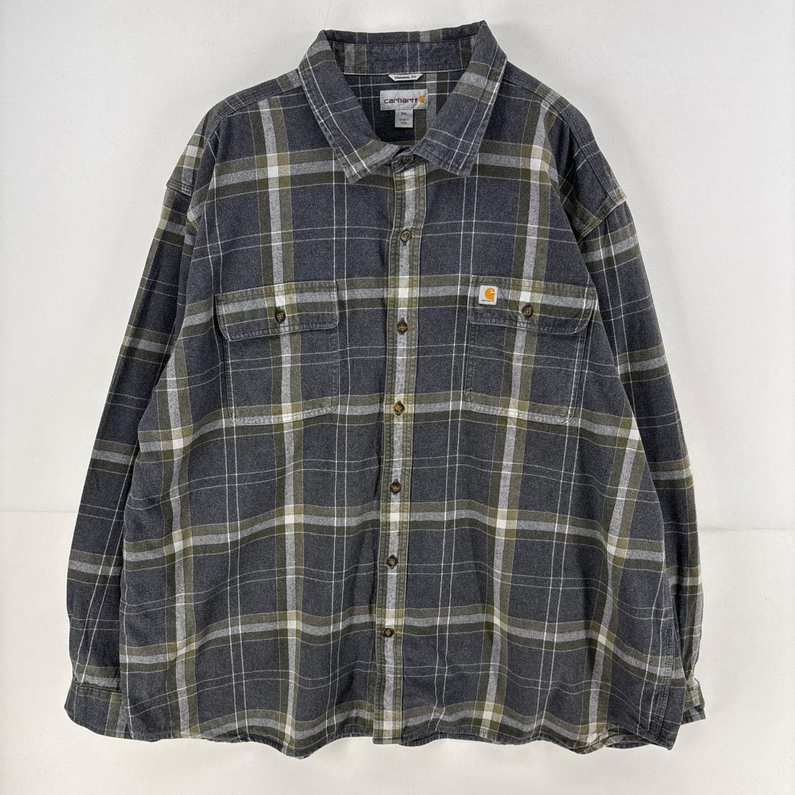 古着 カーハート Carhartt 長袖シャツ ワンポイント チェック ロゴ 胸ポケット 大きいサイズ ヘビーネルシャツ 3XL  グレー系 メンズ