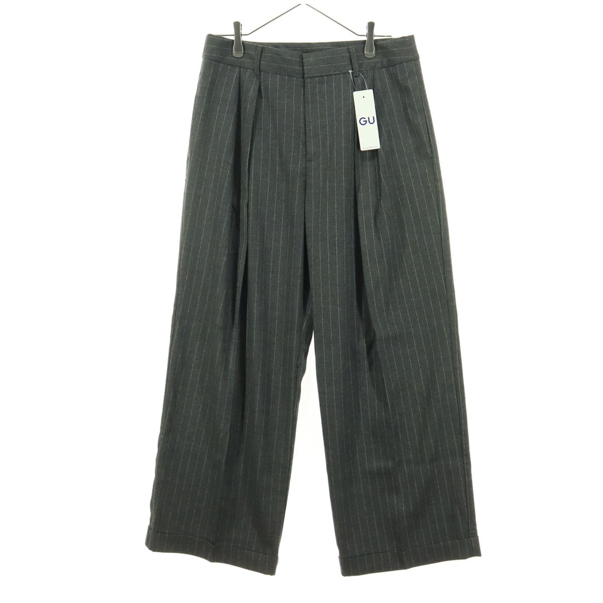 未使用 GU ジーユー ストライプ柄 バイカラー インタック ワイドパンツ XXL グレー系