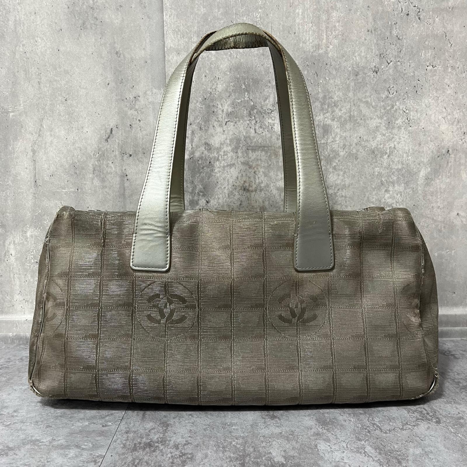 【CHANEL】シャネル ニュートラベルライン ボストンバッグ ココマーク ナイロンジャガード×レザー グレー 肩掛け レディース ヴィンテージ